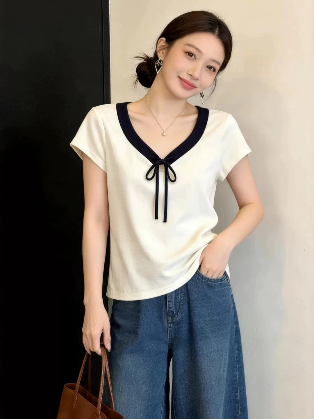 Summer Women's T-shirt V-neck Bow-knot Short-sleeve Belted Regular Fit Creative Pattern French Style Casual Top