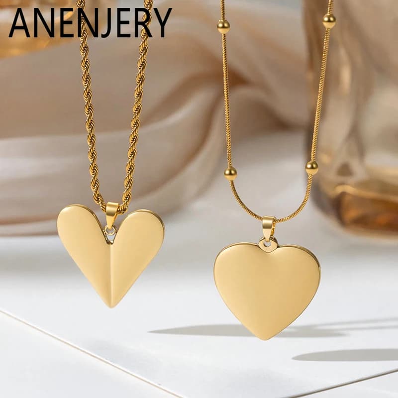 ANENJERY 316L Stainless Steel Heart Pendant Necklace For Women Simple Fashion Temperament Snake Bone Jewelry Gifts