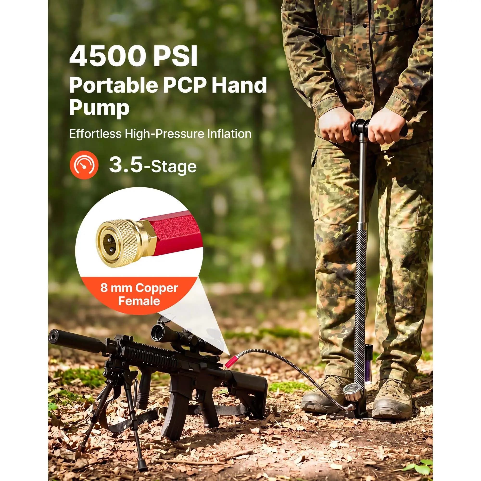 Manual Pump PCP, 3.5 Stages, High Pressure Pump for Compressed Air Carbines, 31.03 MPa 4500 PSI, with Oil-Umidity Filter, Pressure Gauge, Stainless Steel Body, for Compressed Air Fucils, Paintball and Pneumatic Inflatable