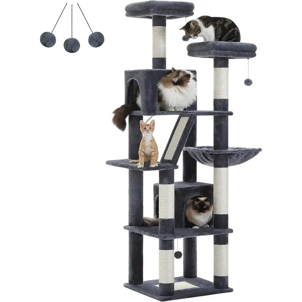 Albero per Gatti Alto 70 cm con 2 Cucce, 2 Posatoi, Cesto, Tiragraffi e Pali per Gatti da Interno, Grigio