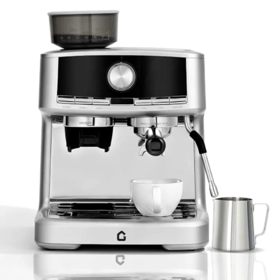 Espresso Machine with Grinder, 20 Bar Stainless Steel Coffee Maker, 1.5L Removable Water Tank, Milk Frother Steam Wand for Latt