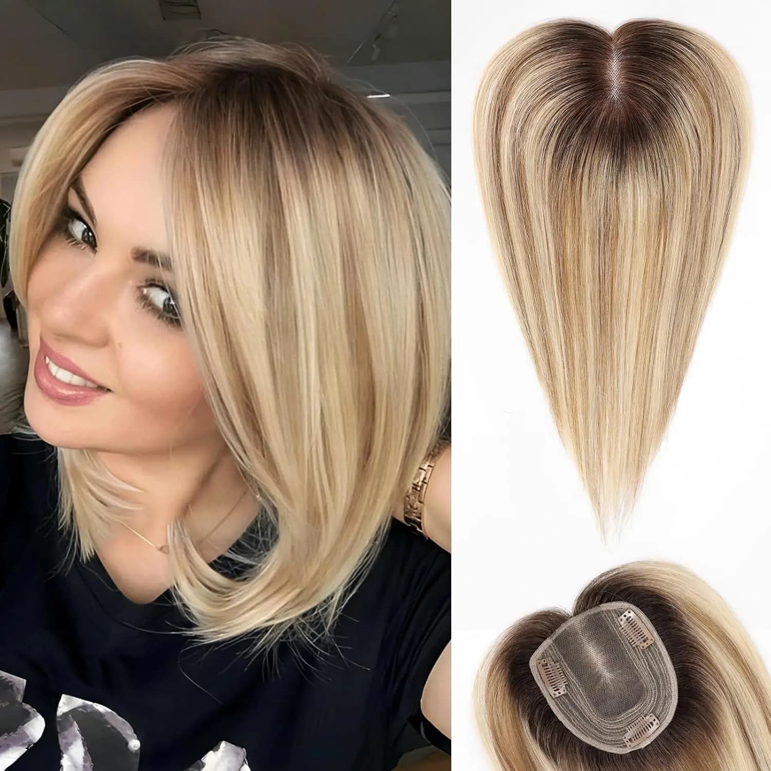 Brown Blonde Evidenzia 12 inch genuine human hair Toppers for women with thinned hair 3 clips Silk lace base in human hair toppers