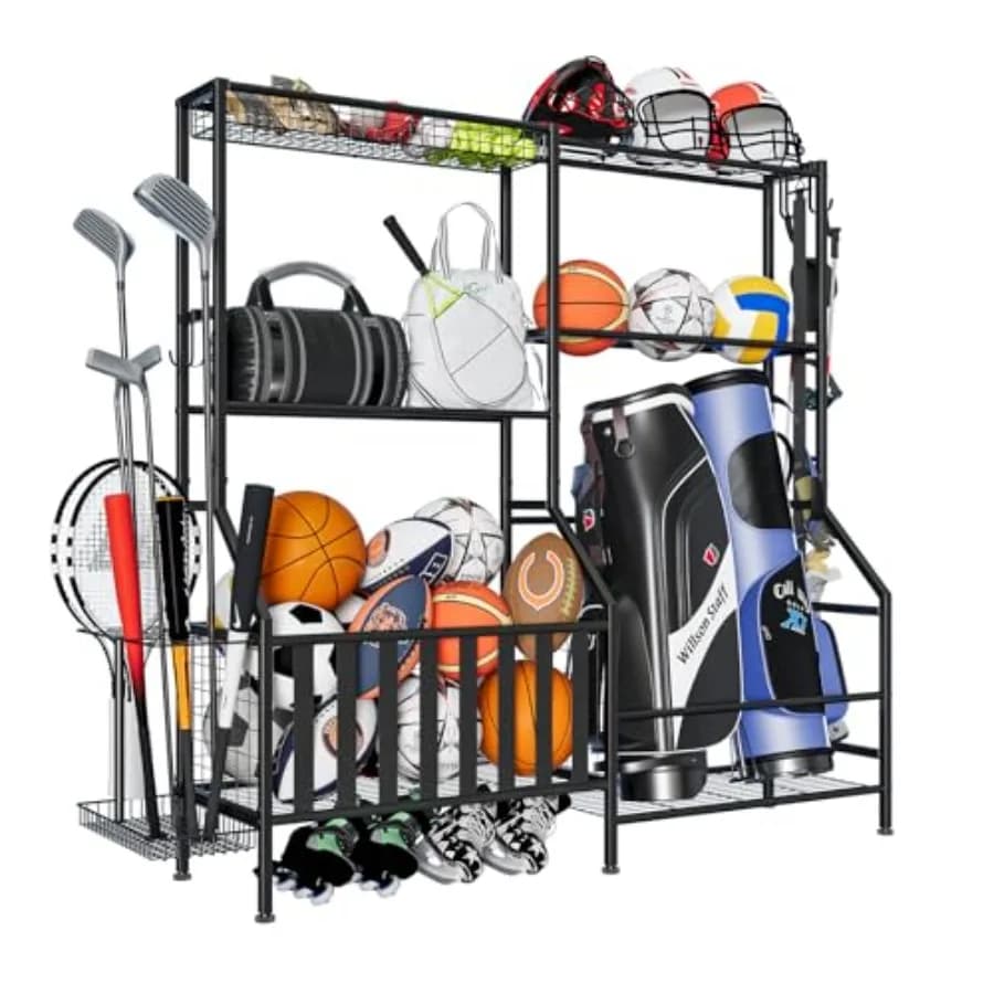 Organizzatore di attrezzature sportive Borse da golf resistenti Supporto per palline extra large per riporre attrezzi sportivi in garage con cestino