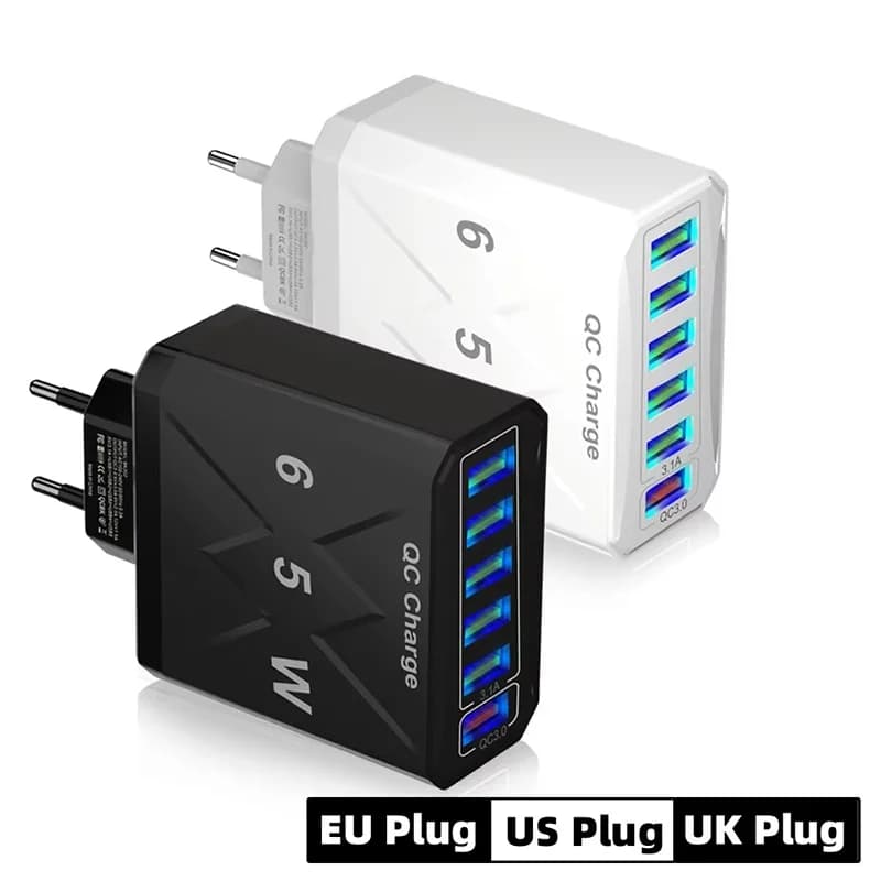 Caricatore USB a 6 porte da 65W con ricarica rapida QC 3.0, caricatore da viaggio per iPhone 14 13 Xiaomi Huawei, adattatore per cellulare con spina EU KR US UK