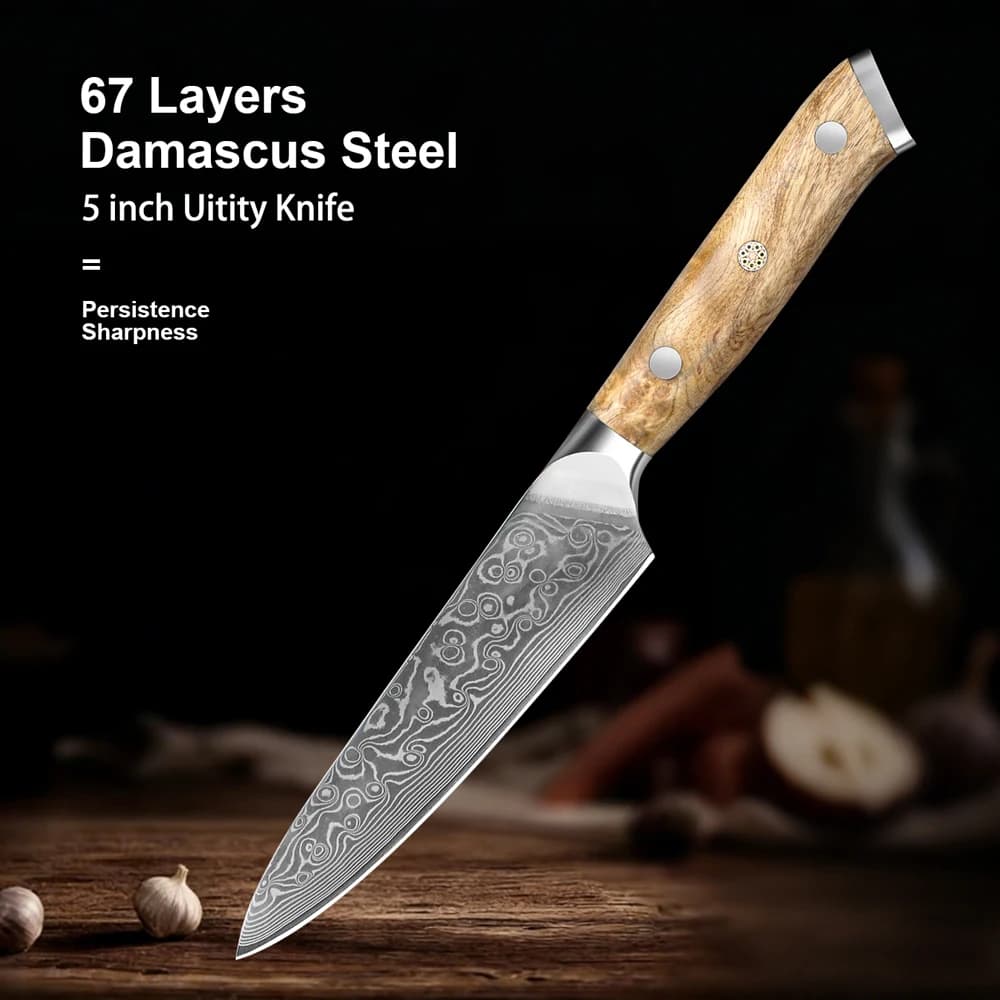 Coltello multiuso da 5,2 pollici in acciaio Damasco, lama super affilata, multiuso, coltello da cucina per chef, coltello da frutta, manico in legno di sicomoro figurato