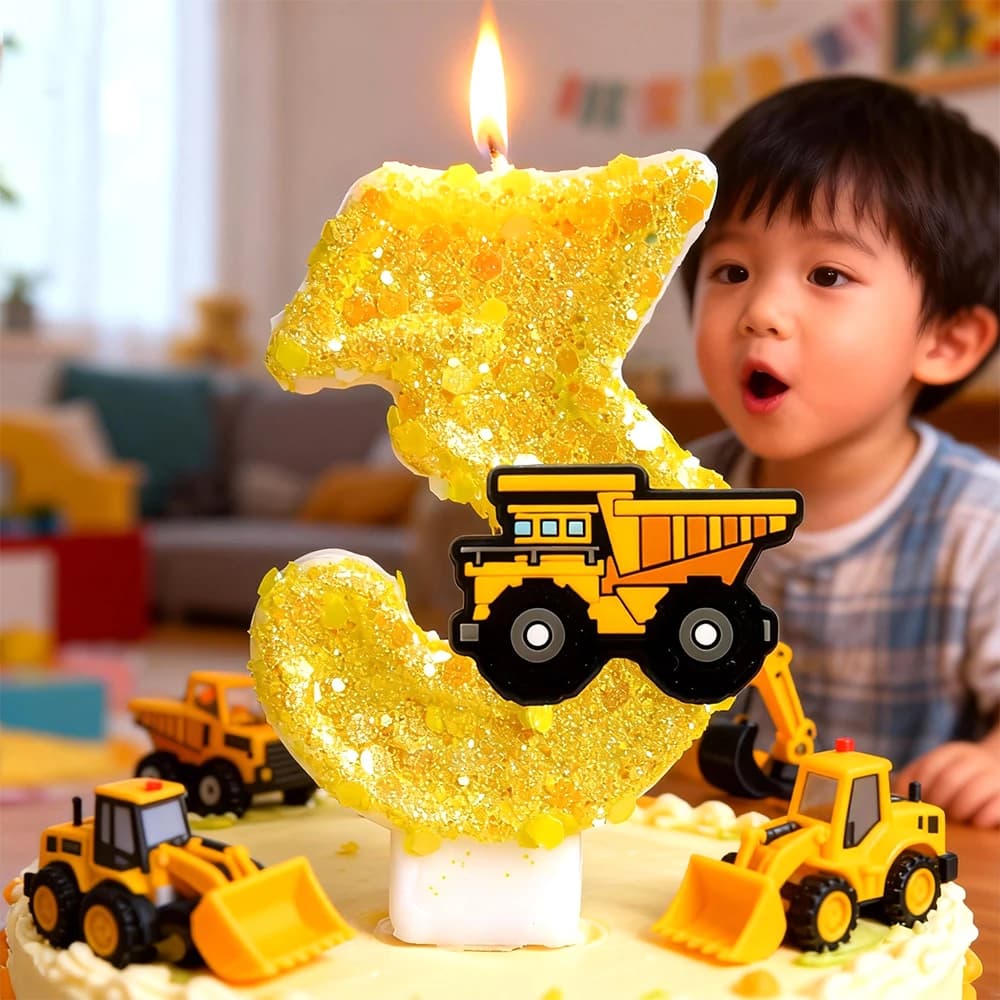 Creative birthday candle in the shape of truck excavator with digital numbers, handmade cake decoration.