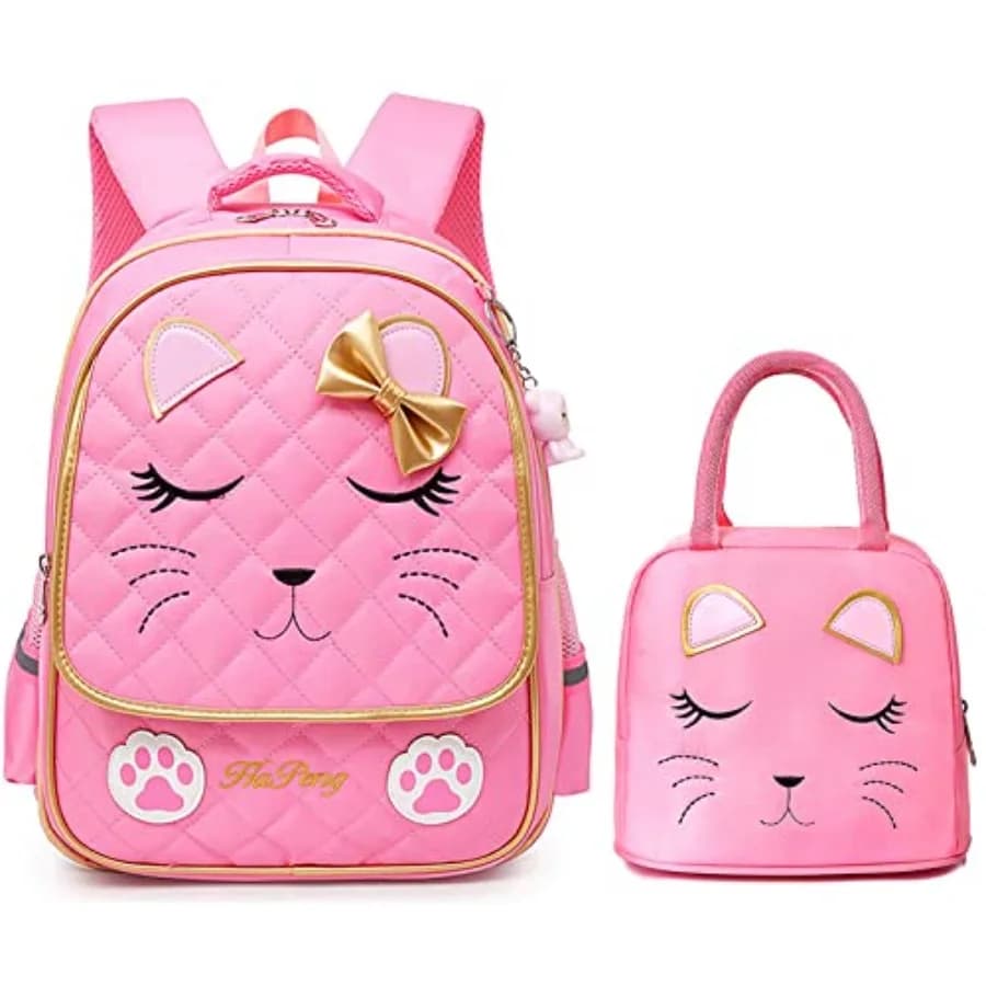 Zaino Scolastico con Motivo Gatto e Borsa Pranzo per Ragazze 8-16 Anni, Borse per Scuola Elementare