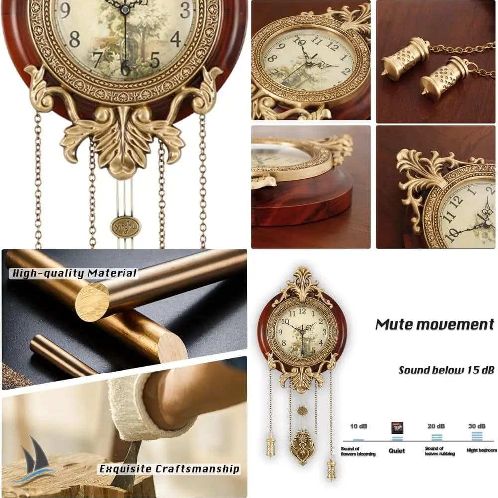 Vintage wooden wall clock 9 with pendulum, battery powered (2 AA batteries required)