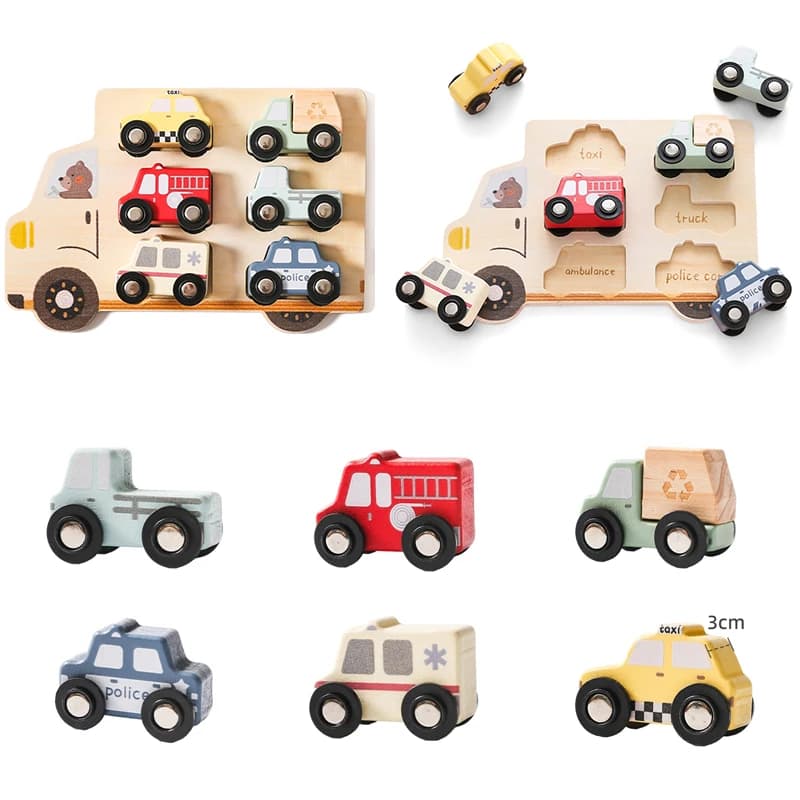 Giocattoli in Legno Montessori per Bambini, Blocchi 3D di Traffico e Auto, Set Educativo con 6 Veicoli di Emergenza e Urbani