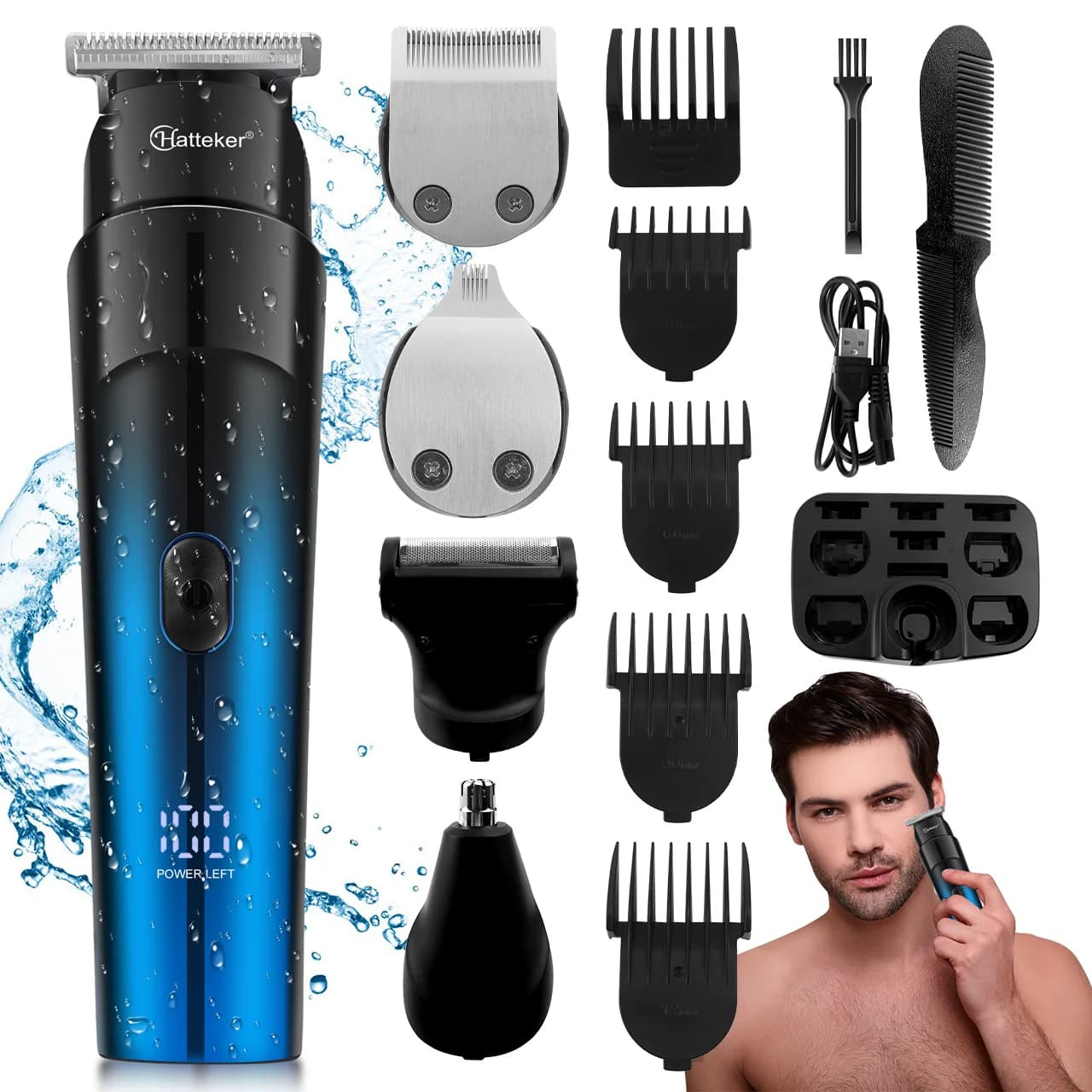 Hatteker All-in-one Toiletrying Kit for Men Trimmer for Hair and Rechargeable Shaving Electric Shaver Trimmer for nose, ears and waterproof eyebrow