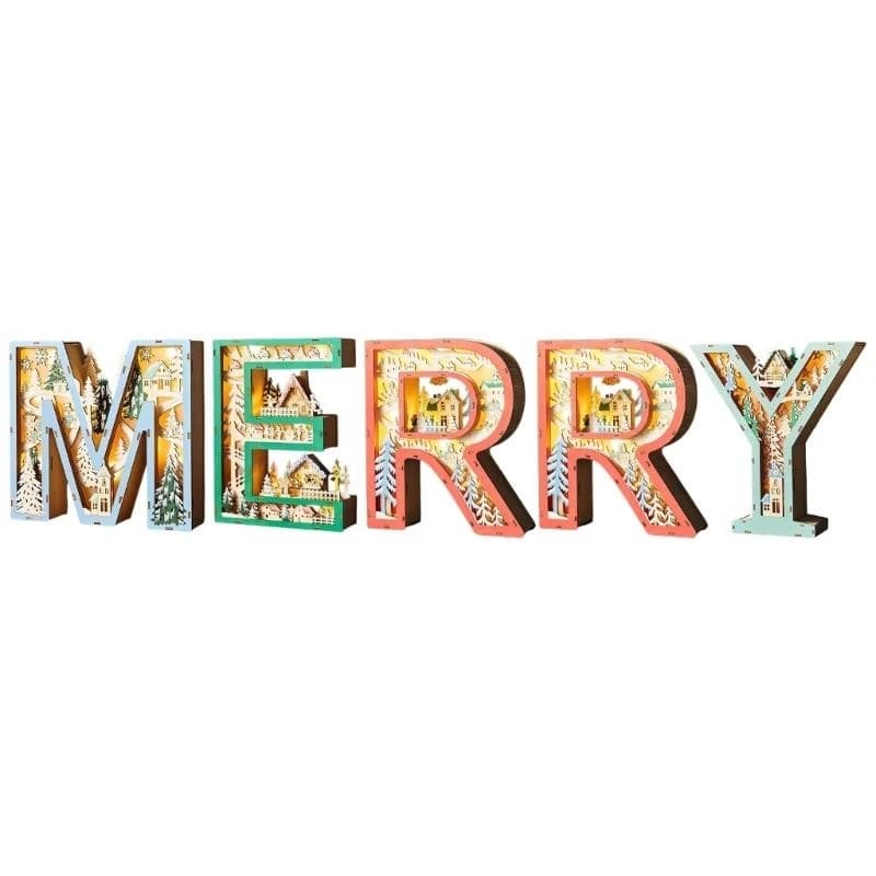Decorazione natalizia in legno brillante con lampada da scrivania Merry scavata a luce LED