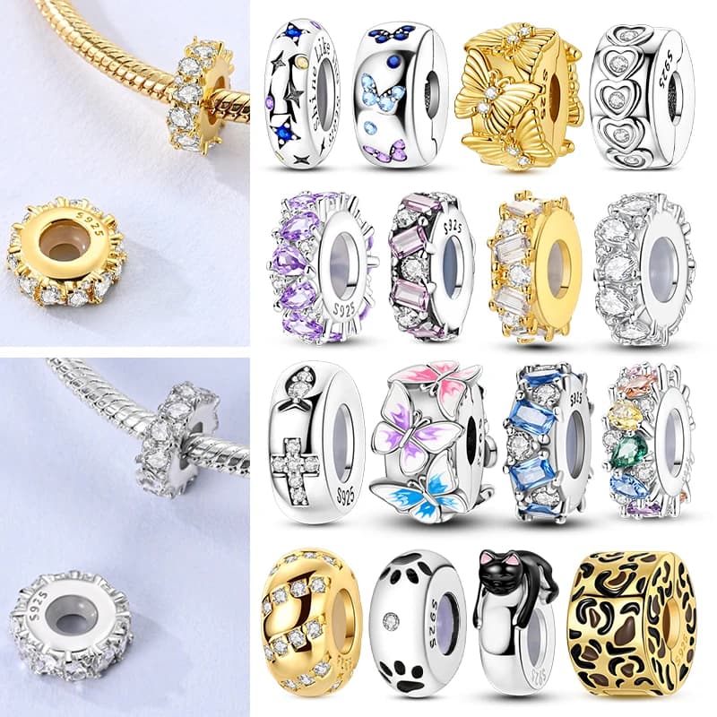 2026 Charm Clip Scintillante in Argento Sterling 925 con Zirconi e Perline Distanziatrici in Silicone, Adatto per Bracciali e Collane Originali, Regalo Gioielli Fai da Te per Donna