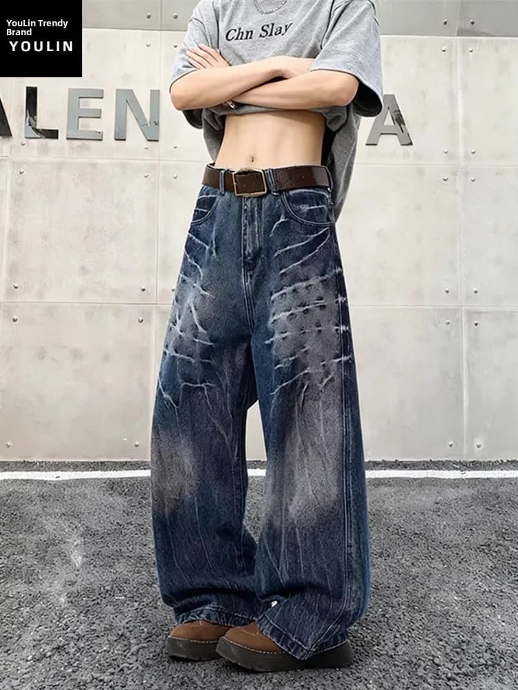 Blue Lightning Pattern American Style Men's Jeans Spring Autumn High Street Retro Design Trendy Knife Pants Casual Wear