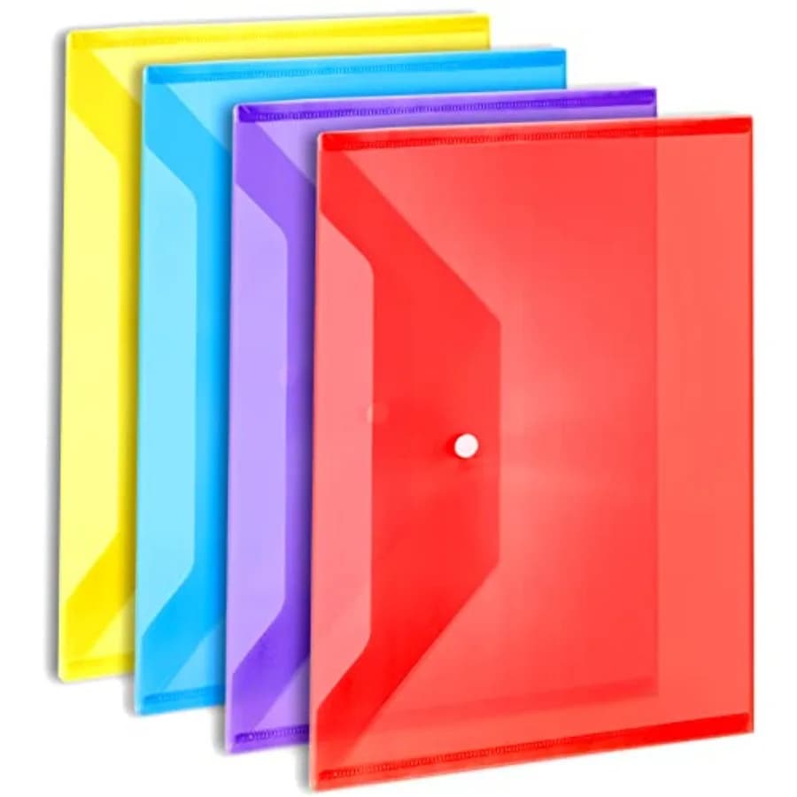 Plastic File Folders for Documents, 4 PCS File Folders, A4 Size Plastic Envelopes with Snap Closure, Clear Envelopes Pouches Fo