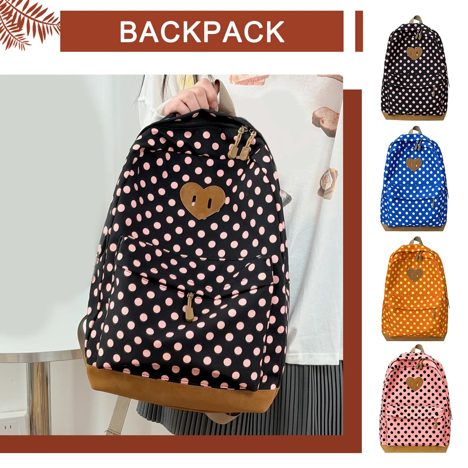 Retro Portable School Bags for Women with Zipper Polka Dot Aesthetic Backpack Lightweight Retro School Backpack for Work