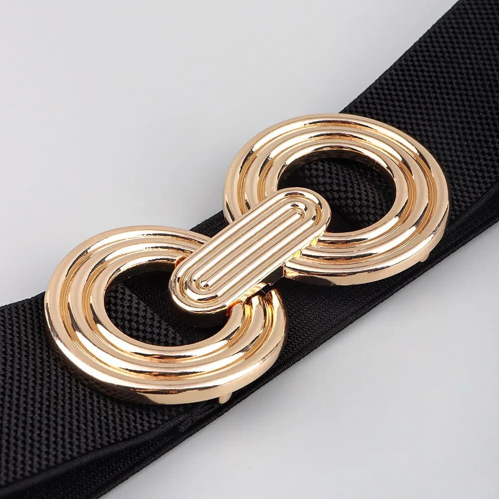 Elegant Gold Double Circle Buckle Elastic Belt, Black Wide Stretch Waistband, Women’s Versatile Decorative Belt for Dresses & Outfits