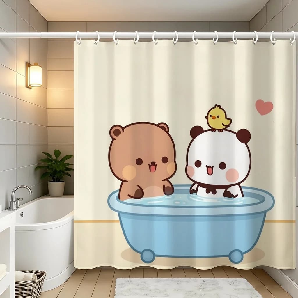Cute Cartoon Bear Panda Chick Bath Shower Curtain, Kawaii Animal Bathtub Heart Print Waterproof Bath Curtain Kids Bathroom Decor