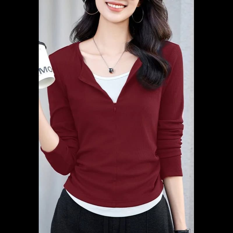 Fake Two-piece Design Spliced T-shirt for Women Autumn Inner Long-sleeved Top