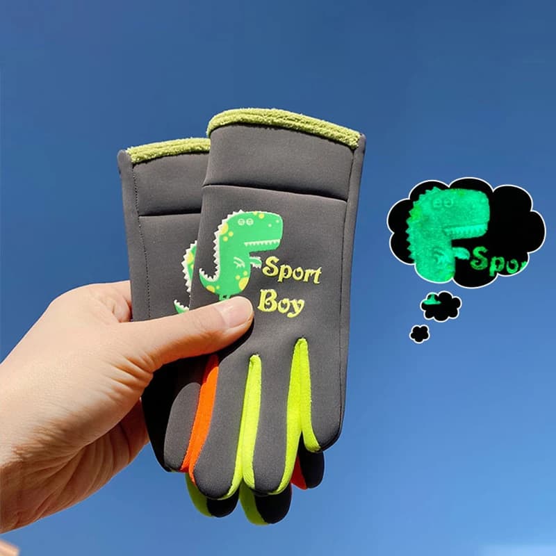 Winter Gloves for Kids Dinosaur Cartoon Fluorescence Cycling Kids Sports Hot Skiing Girl Gloves for Kids Water Repellent Windproof