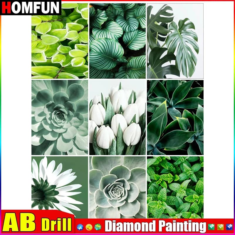 HOMFUN AB Diamond Painting "Scenery Succulent Leaf" DIY 5D Diamond Embroidery Sale Full Set Rhinestone Cross Stitch Home Decor