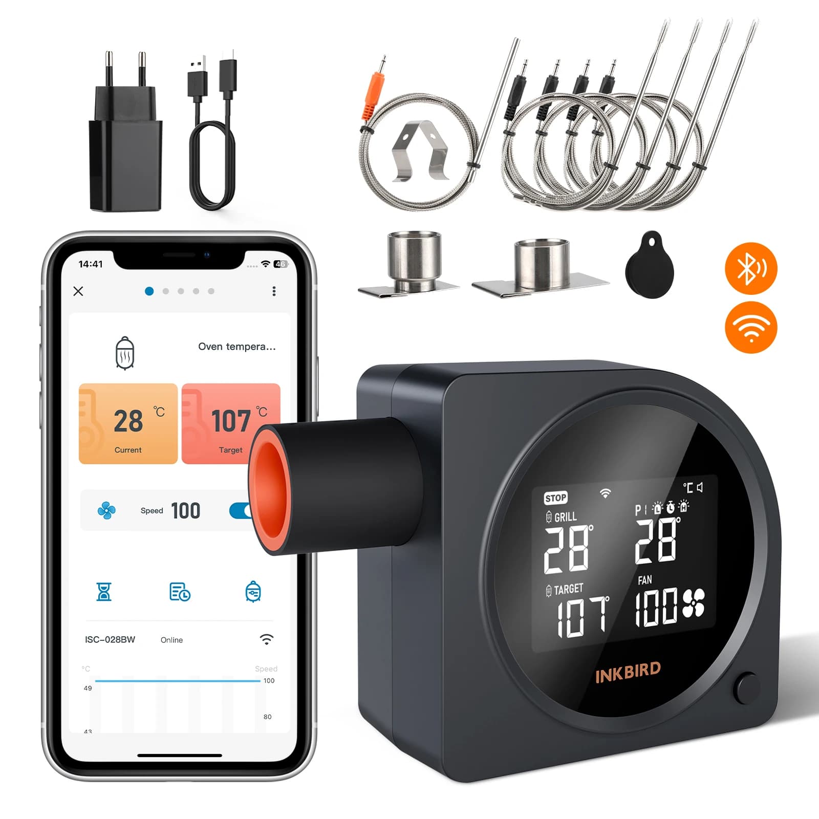 INKBIRD ISC-028BW Regolatore di temperatura per griglia wireless con 5 sonde, ventola per fumatori automatica, allarmi per alte e basse temperature