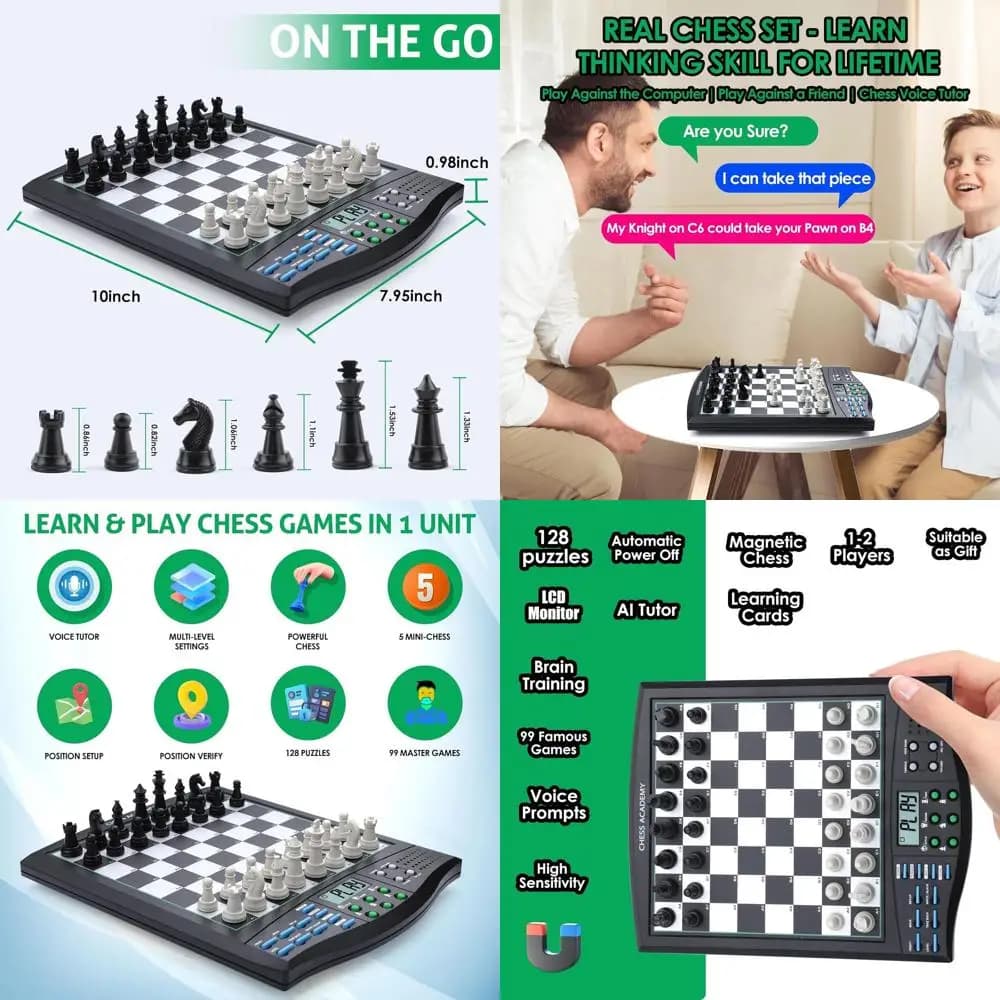 Scacchiera elettronica portatile a guida vocale con pezzi magnetici per 1-2 giocatori - Set di scacchi intelligente adatto ai viaggi