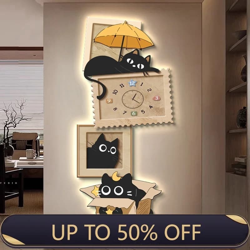 Modern Cat LED Clock Mural Light Corridor Living Room Background Kitchen Hallway Luxury Wall Lamp Indoor Lustre Home Decoration