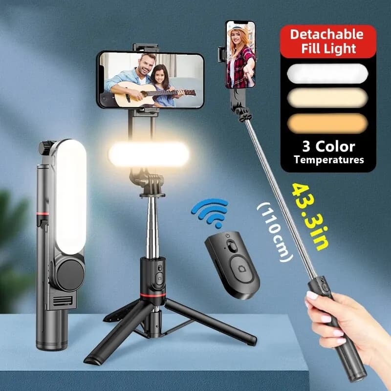 Bastone selfie con treppiede con luce di riempimento con asta retrattile con otturatore remoto Bluetooth per iPhone Xiaomi Huawei per video telefono dal vivo