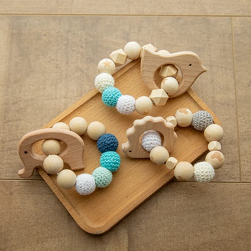 Baby massaggiagengive in legno faggio animale sonaglio in legno giocattolo giocattoli per la dentizione in legno bambino sonaglio perline bracciali giocattoli in legno per regalo per bambini