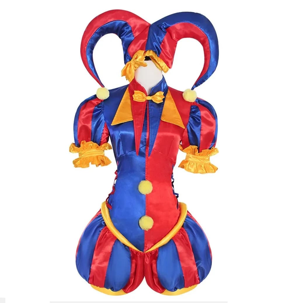 Costume da clown per adulti, costume da buffone, tuta blu e rossa con cappello, guanti e calzini, costumi per feste di Natale e Halloween