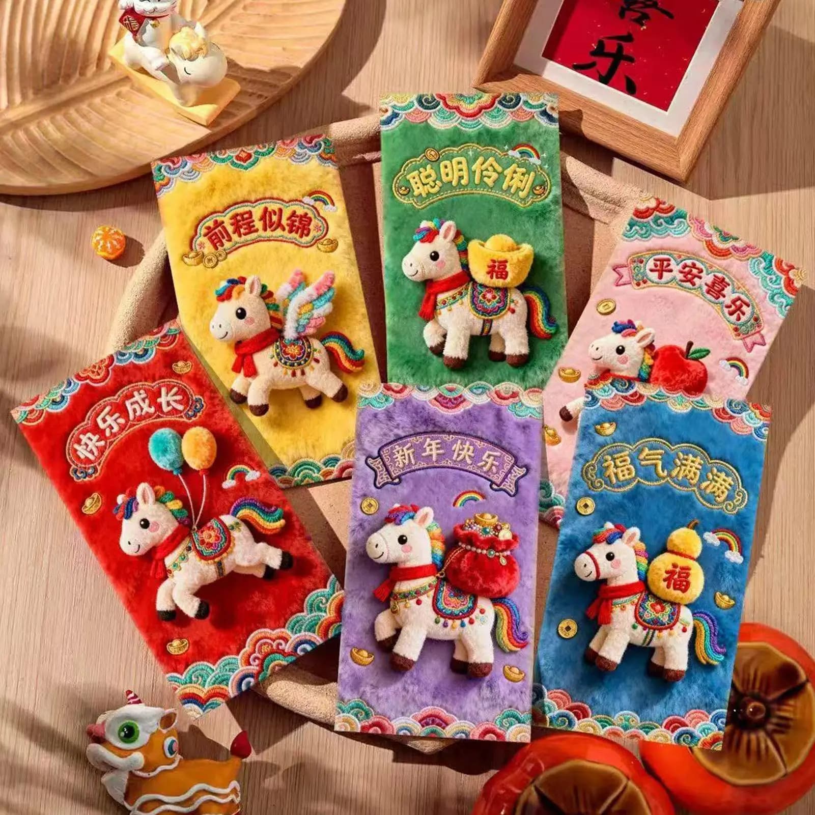 6 pcs/set Red Money Bags 2026 Year of Horse Embroidered New Year Red Package Children Lucky Money Wallet