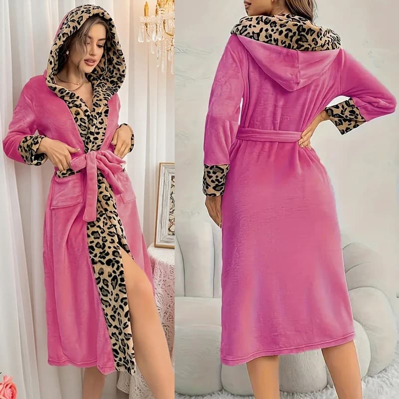 Accappatoio invernale da donna caldo peluche con cappuccio in flanella patchwork leopardo accappatoio comodo maniche lunghe con cintura morbido abbigliamento da notte per la casa