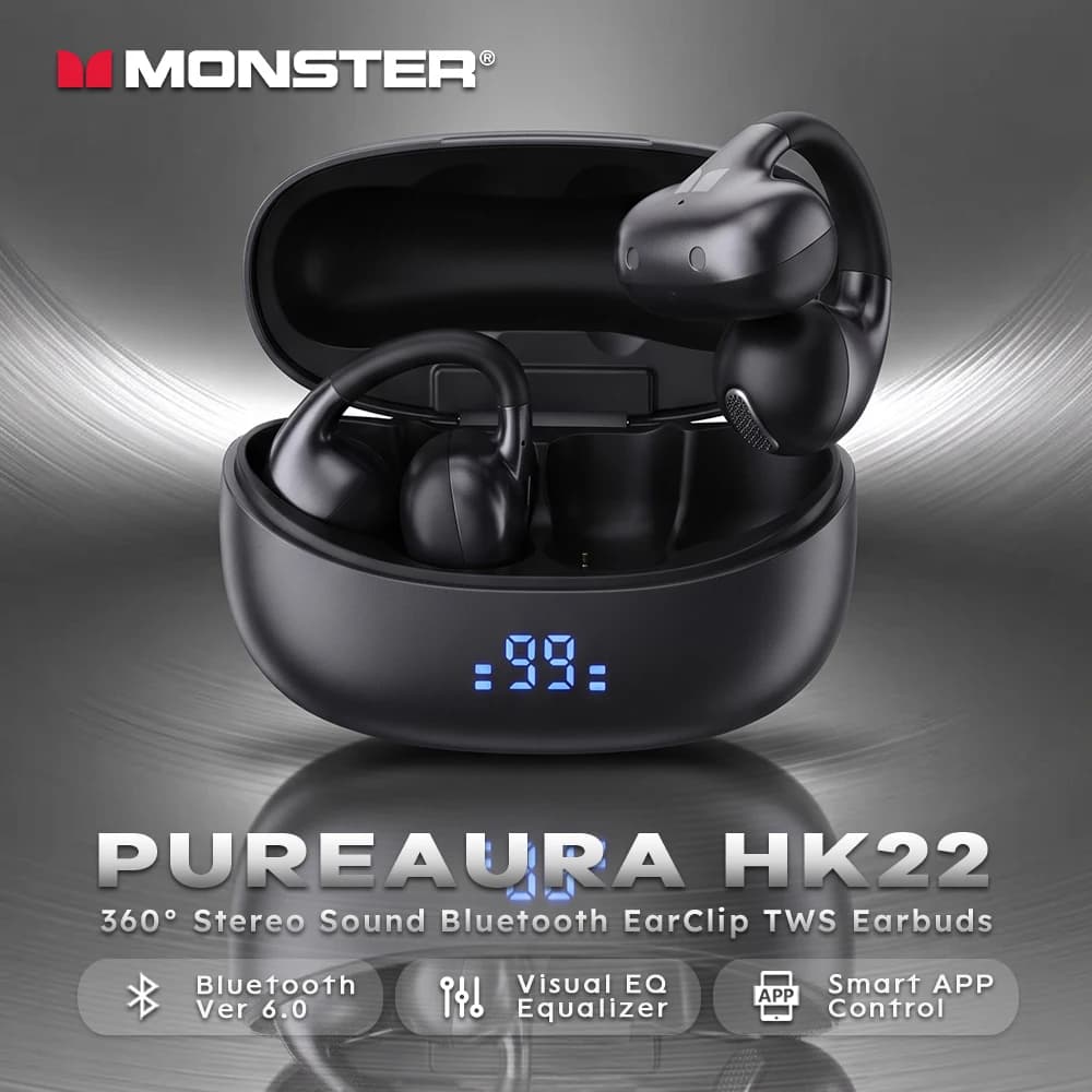 Monster HK22 Earclip Ear Buds 360° Stereo Sound Bluetooth 6.0 Earphones Clip on Ear TWS Wireless Earbuds with APP EQ Equalizer