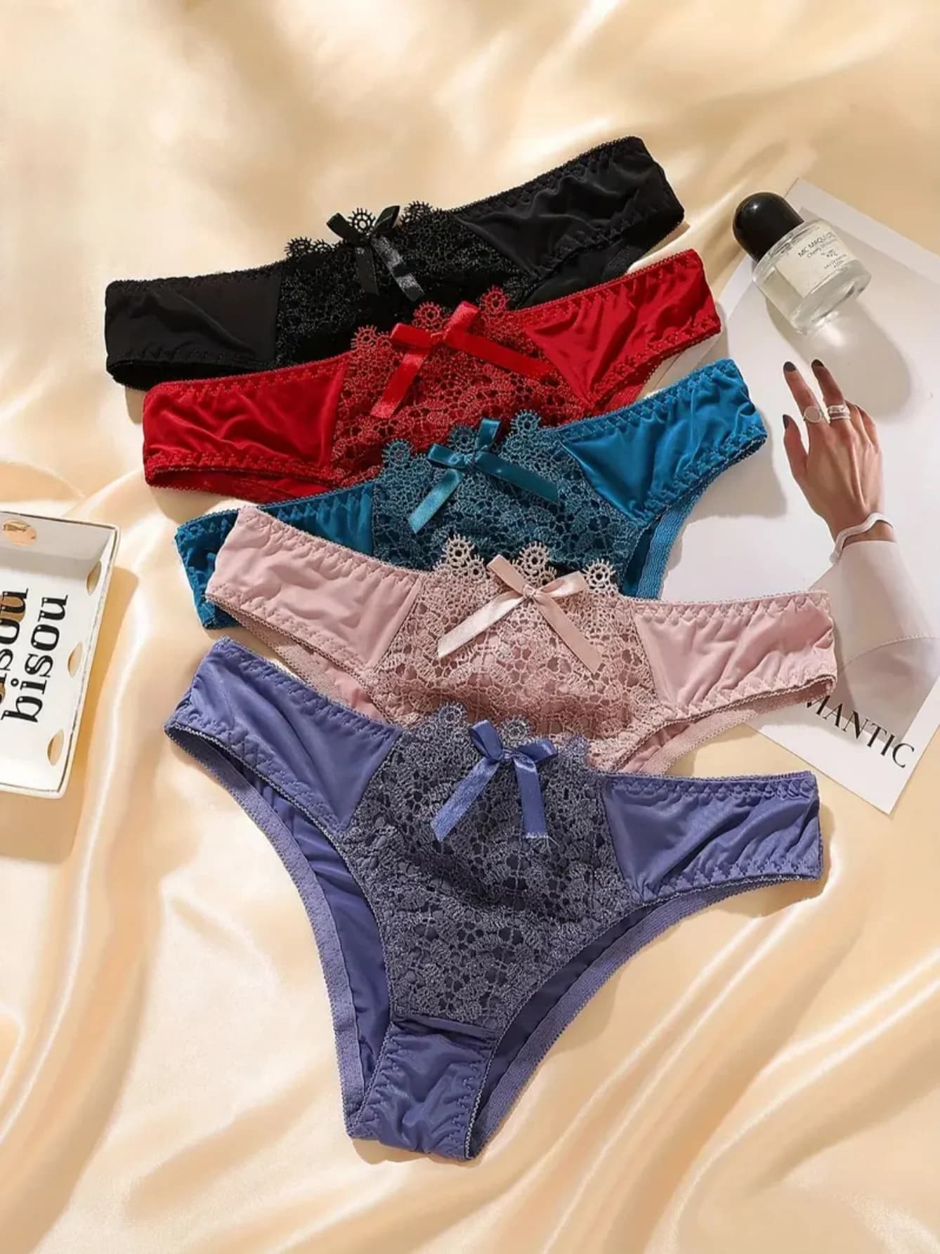 5PCS Women Hollow Floral Lace Bikini Panties Set, Front Mini Bow Satin Patch Low Waist Soft Breathable Sexy Intimate Briefs