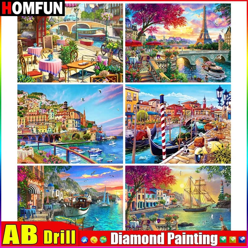 HOMFUN AB Pittura Diamante "Paesaggi Case Barche" Fai da Te 5D Diamante Ricamo Vendita Set Completo Strass Punto Croce Decorazioni per la Casa