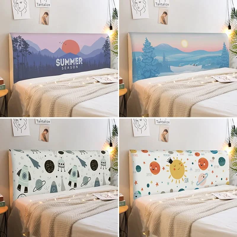 Cartoon Summer Sunset Universal All-inclusive Furniture Bed Head Cover Print Dust-Proof Bedroom Sofa Bed Headboard Slipcover