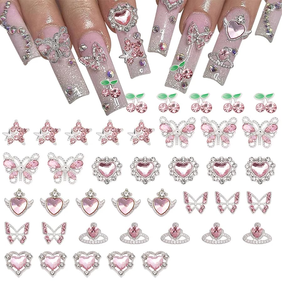 40 Pezzi Decorazioni per Unghie a Forma di Stella, Charm 3D Argento e Rosa, Strass per Unghie, Gioielli per Nail Art, Stelle Pendenti, Decorazioni Unghie Stile Y2K