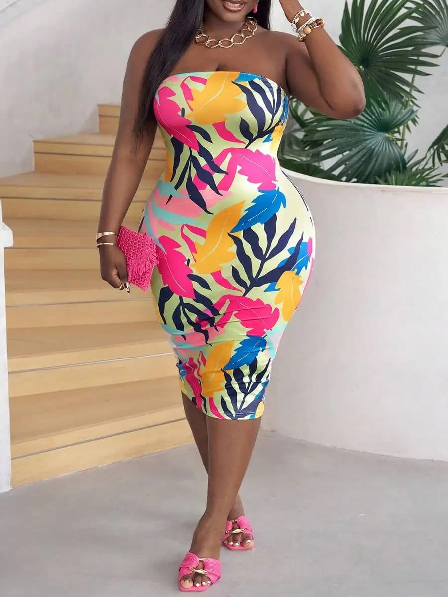 Slaydiva Vacation Plus Size Printed Bandeau Summer Dress