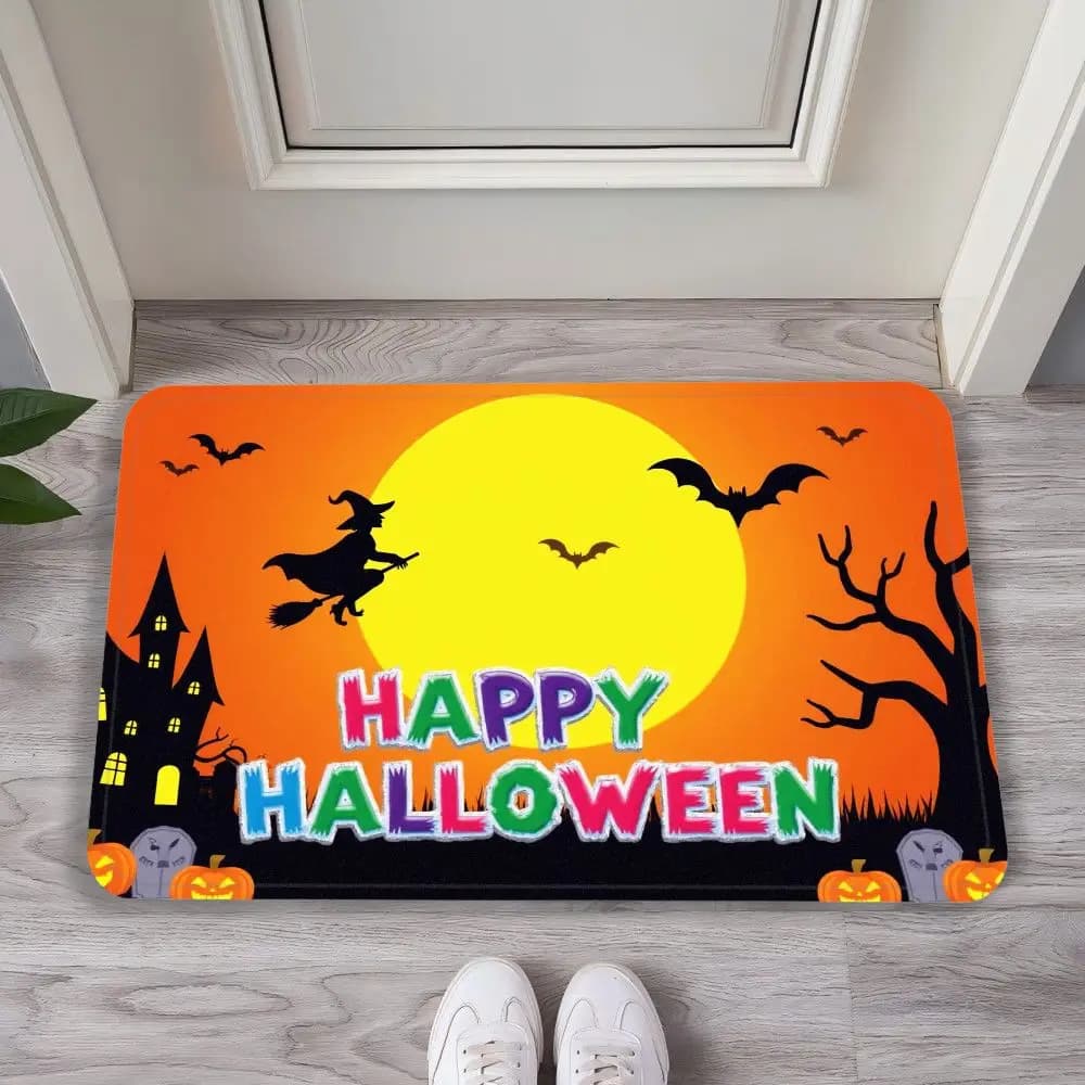 VIKAMA Family Halloween Front Door Mat, Cute Cartoon Children Cauldron Pumpkin Ghost Decor Rug