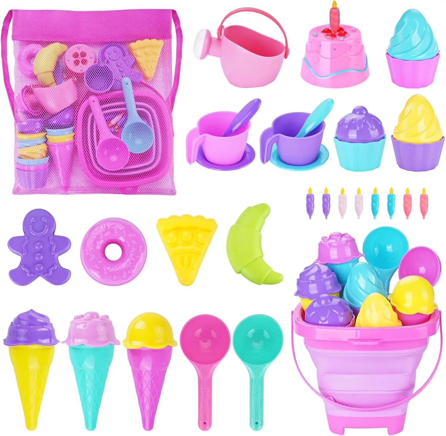 Set di Giocattoli da Spiaggia Pieghevoli per Bambini - 36 Pezzi con Secchiello e Palette con Borsa a Rete