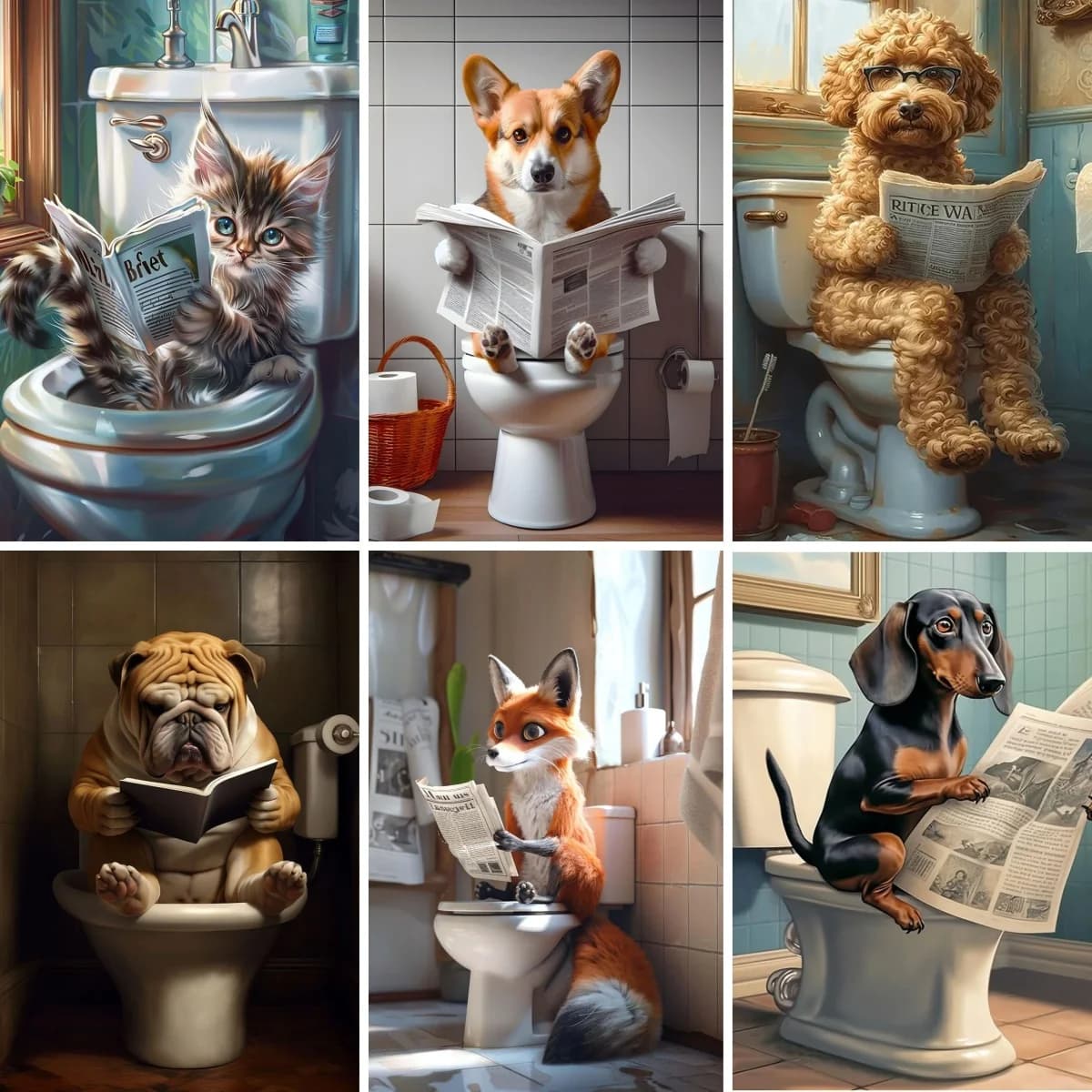 Animals in Toiletry Kit Diamond Painting DIY, funny bathroom over toilet decoration, bathroom humor art, home opening gift