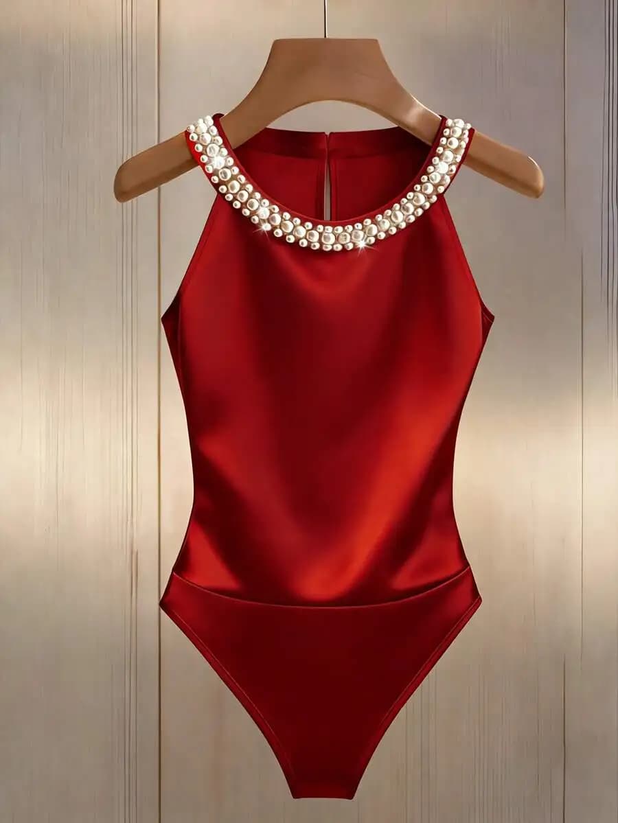 Red Satin Halter Bodysuit With Pearl Embellished Neckline Sleeveless Swimsuit