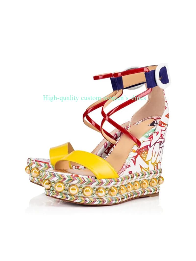 Round Head Toe Shallow Women's Luxury Sandals Painted Waterproof Platform 12 Cm Wedge Heels Ankle Buckle Weird High Heels 2026