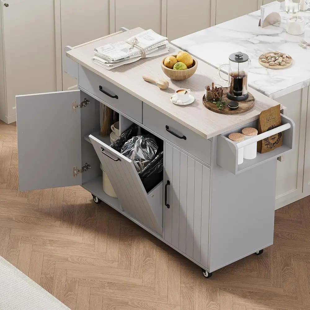 Isola da Cucina Grigia 51 con Piano Ribaltabile, Armadietto Contenitore, Cestino Estraibile, Ripiani Regolabili, Porta Spezie e Portasciugamani