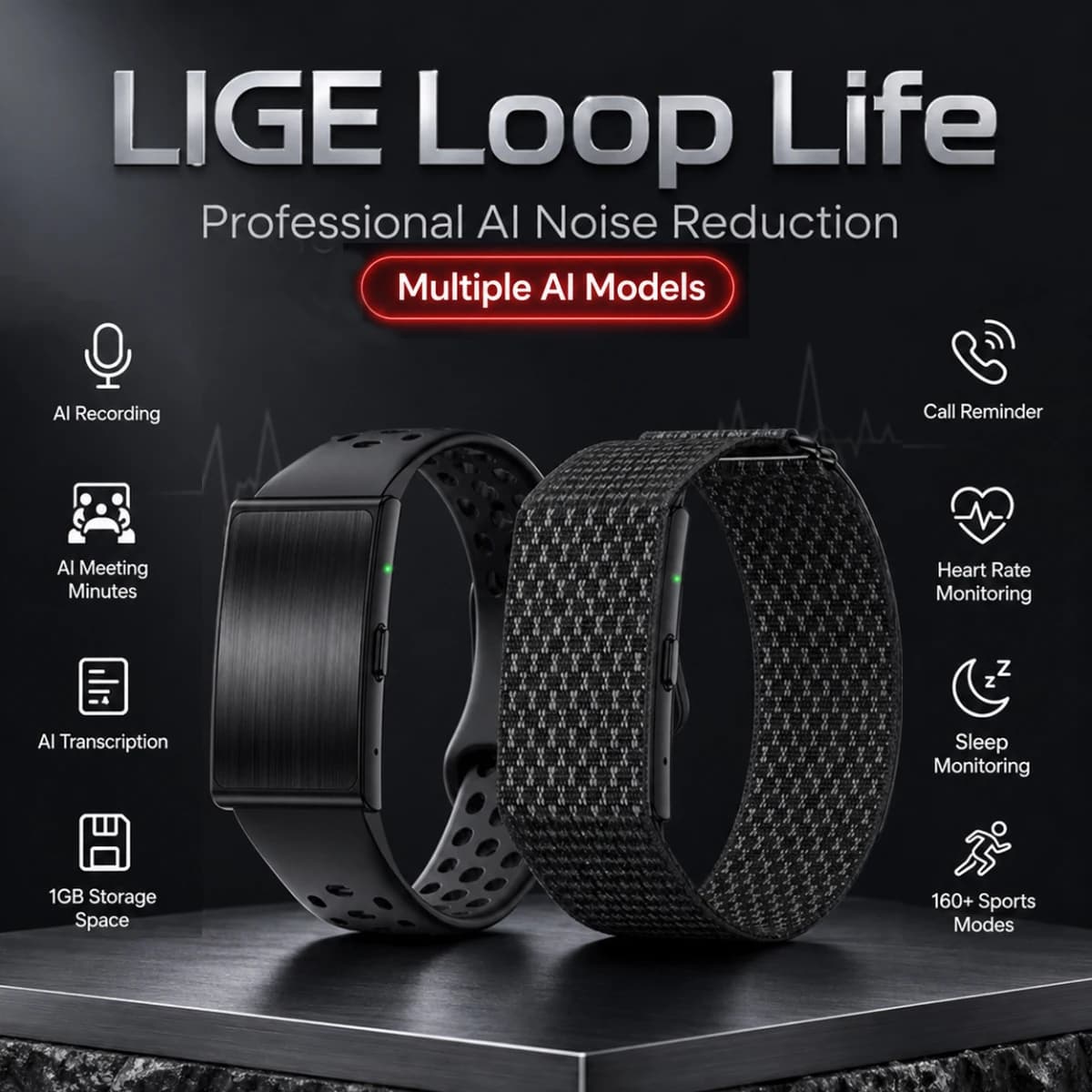 LIGE 1GB Storage AI Recording Smart Bracelet AI Transcription Heart Rate HRV Monitoring Fitness Tracker Call Reminder Sport Band
