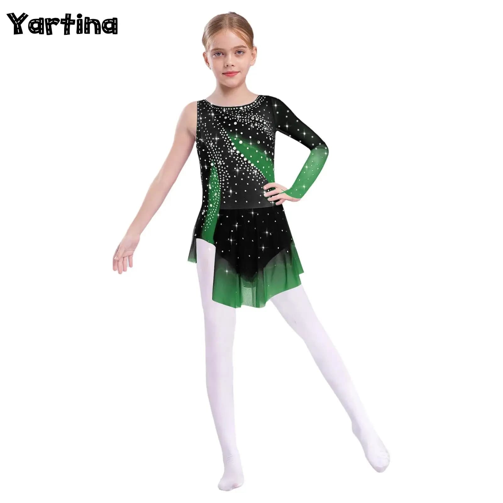 Maglia da balletto per ginnastica ritmica per bambina, danza lirica, costume da pattinaggio di figura, abito body da balletto con strass lucidi divisi
