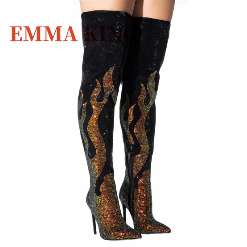 Women Bling Rhinestone Thigh High Boots Luxury Design Crystal High Heel Long Boots Sexy Pointed Toe Over Knee Boots For Woman