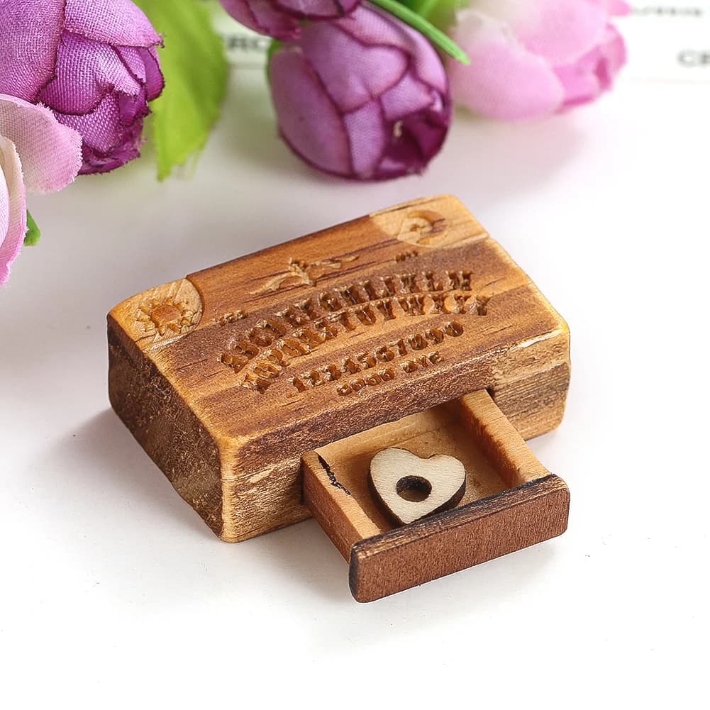 Mini legno Ouija gioco da tavolo miniature figurine spirito parlante pendolo bordo con cassetto planchette strega divinazione strumento decorazione