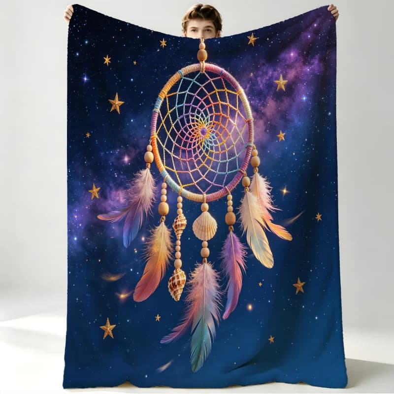Dreamy Star Moon Pearl Dreamcatcher Blanket Soft Cozy Throw for Bed Sofa Purple Pink Floral Boho Decorative Blanket for Girls
