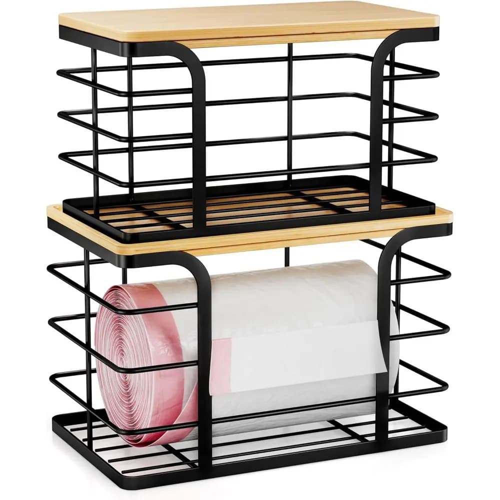 2 Pack Stackable Storage Kitchen Laundry Pantry Organizers Trash Bag Holder Bamboo Top Wall Mount Garbage Bag Dispenser Black La